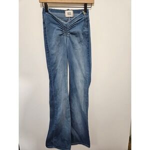 BDG Ruched V-Front Flare Jeans Medium Wash Blue Denim Side Zip Size 26 y2k